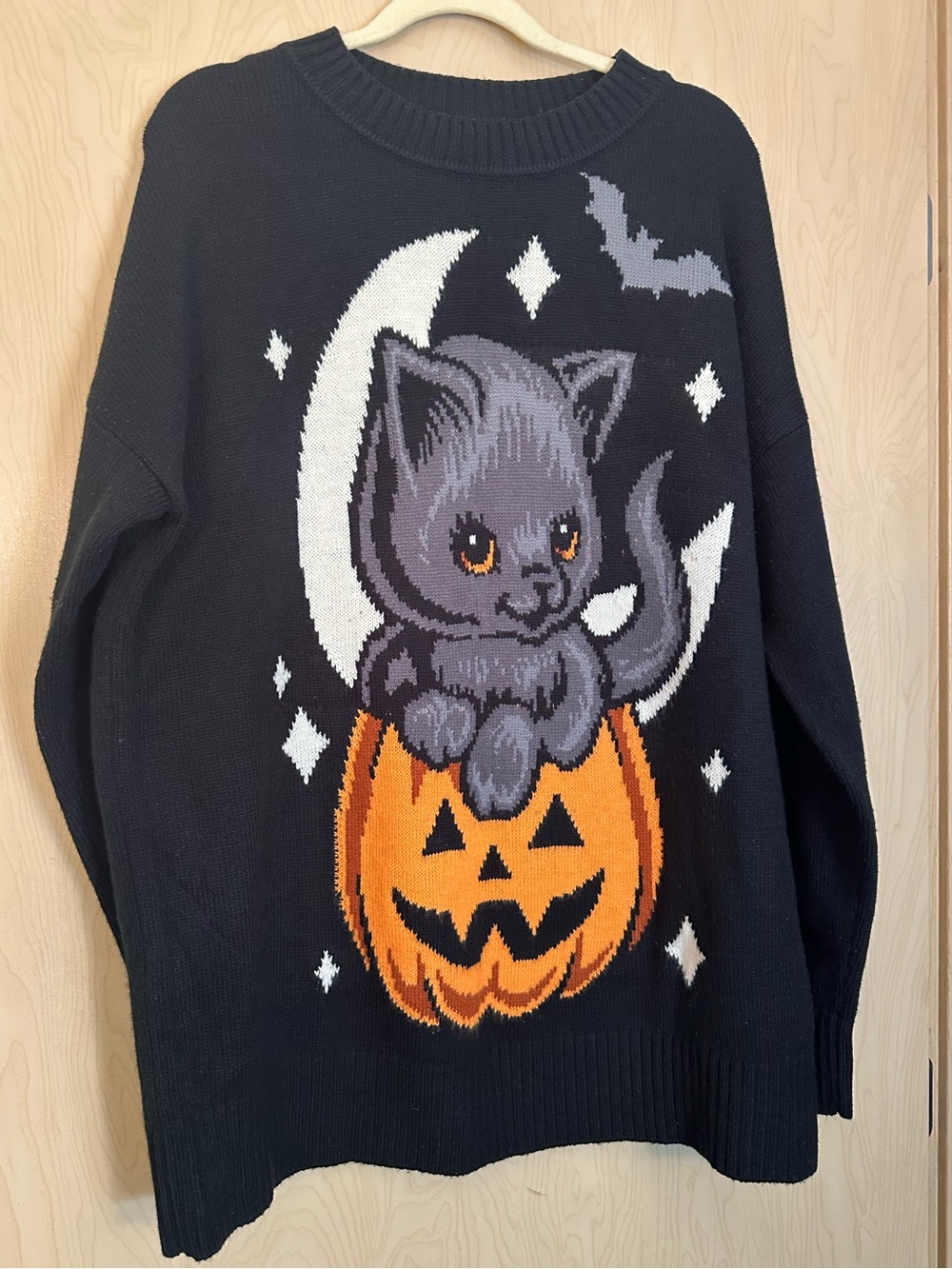 Black Halloween Cat Pumpkin Knit Sweater for Women